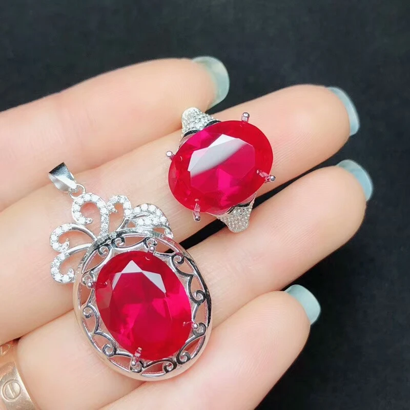 KJJEAXCMY boutique jewels 925 Чистое серебро инкрустированный красный корунд Аметист Зеленый Кристалл Подвеска с белым нефритом кольцо, Женский 2 шт+ c