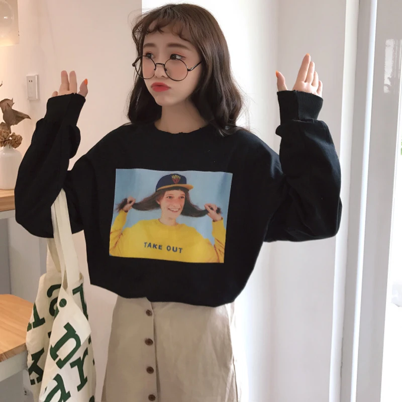 Для женщин печати oversize свитшот женские корейские с круглым вырезом свитер