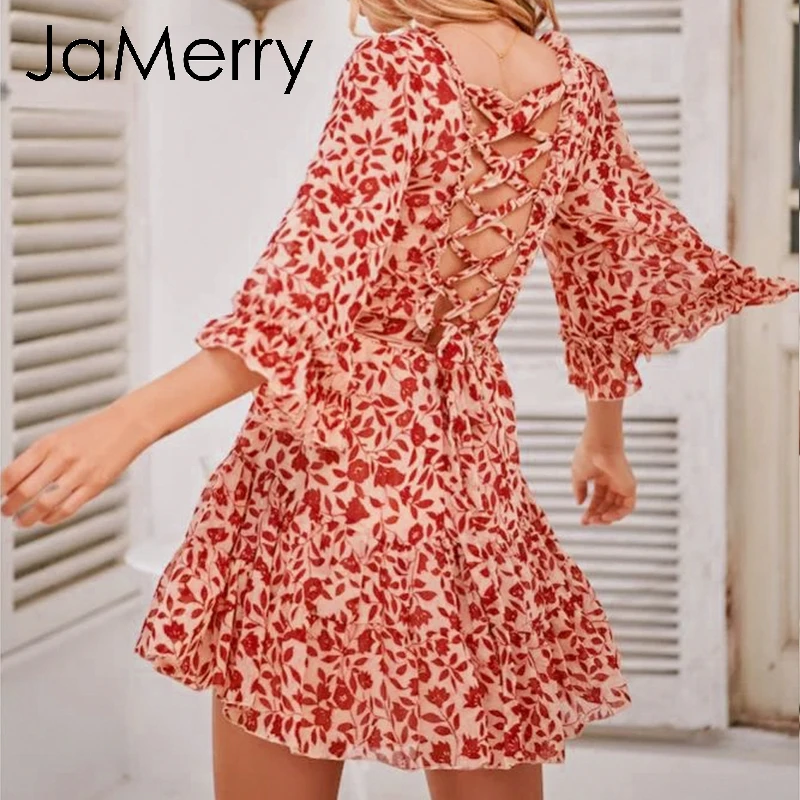 JaMerry винтажное boho мини платье в сборку женское с расклешенными рукавами летнее