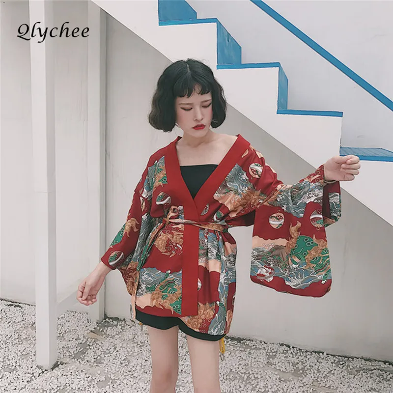 Qlychee одежда животных печати кимоно Для женщин рукав &quotлетучая мышь&quot Свободная