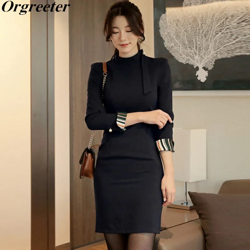 Черный воротник стойка Формальное Бизнес Карандаш платье для женщин 2019 Весна