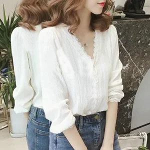 Блузка женская, белая, с длинным рукавом, с V-образным вырезом, на пуговицах, повседневная, 2019