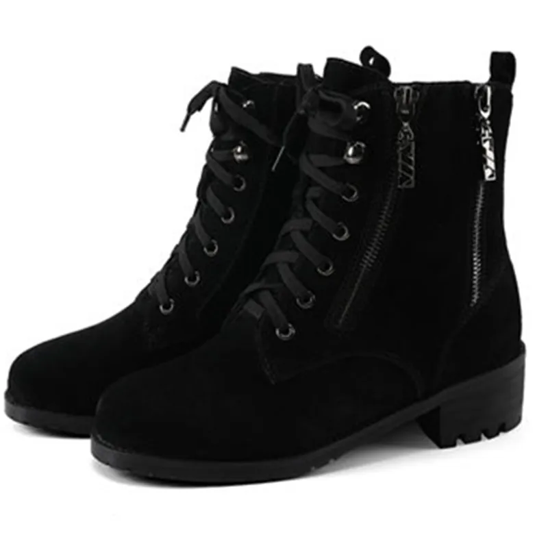 

Smeeroon med heels autumn winter boots for women zip+cross tied cow suede leather boots round toe ankle boots prom shoes