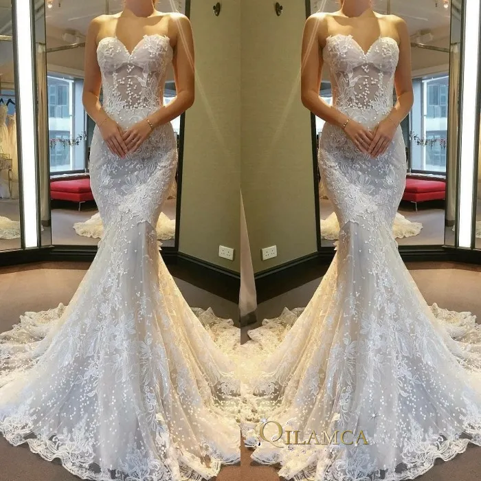 Очаровательные свадебные платья с аппликацией кружевные русалки милое