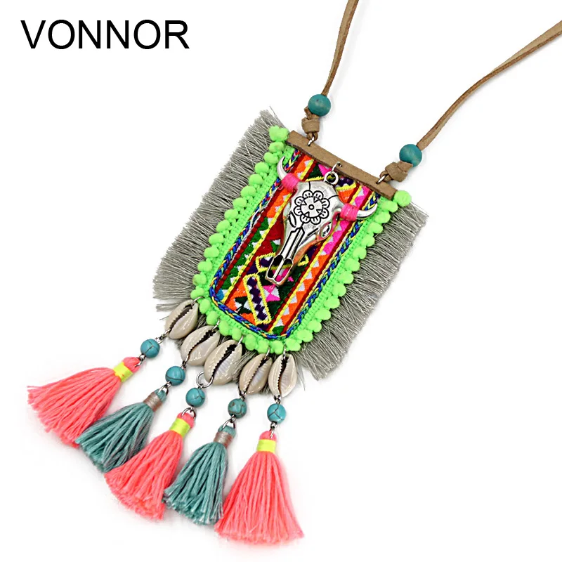 VONNOR Handmade Necklaces & Pendants for Women Bohemia Jewelry Shell Tassel Long Necklace Sweater Chain Alloy Cow Head Pendant|pendants women|long