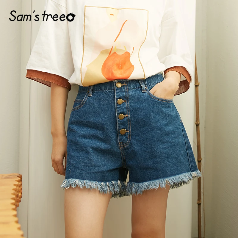Samstree, новинка, корейский стиль, летние женские джинсовые шорты, тонкие джинсы, Feminino, высокая талия, винтажные женские шорты