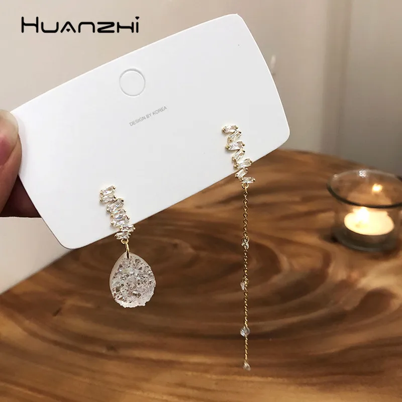 HUANZHI трендовые Асимметричные Кристальные циркониевые полупрозрачные дизайнерские Элегантные длинные висячие серьги для женщин и девушек свадебные подарки ювелирные изделия