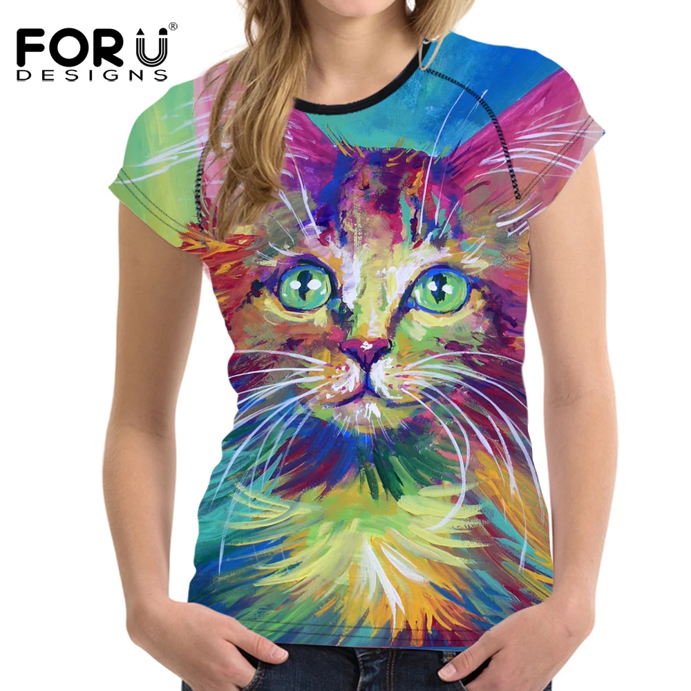 FORUDESIGNS/брендовая одежда женская футболка с 3D рисунком кота 2018 летние женские