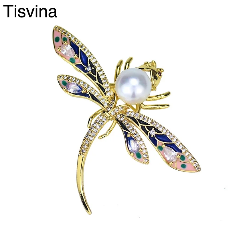 Tisvina эмаль Циркон жемчуг Стрекоза Броши для женщин мужчин костюм ювелирные
