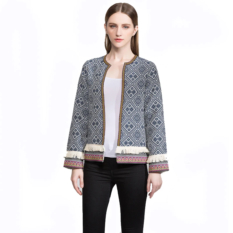 2017 Для женщин кисточкой куртка с принтом Стенд воротник этническом Винтаж feminino