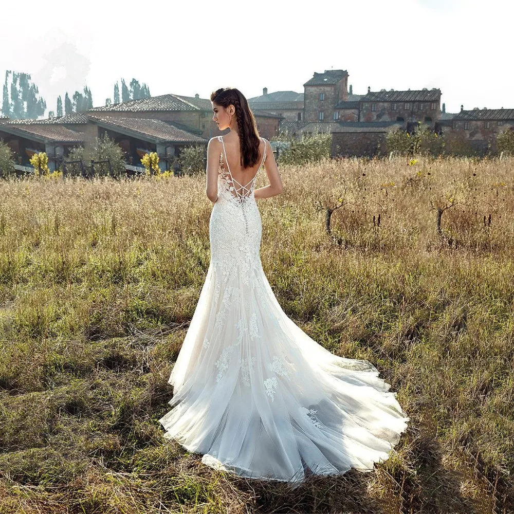 Тюлевое кружевное платье невесты сексуальное платье с открытой спиной vestido de noiva белое платье цвета слоновой кости Новое свадебное платье русалки