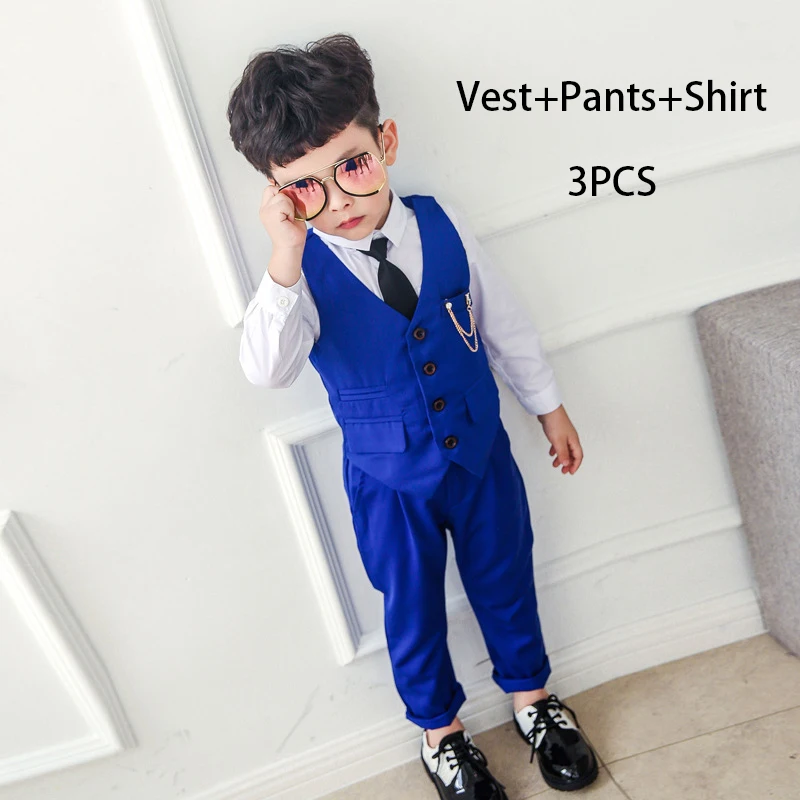 Blue 3PCS Коллекция года, костюмы для маленьких мальчиков на свадьбу, 3 предмета, жилет, штаны, рубашки детская официальная одежда Осенние костюмы для детей, для мальчиков возрастом 10 лет - Цвет: Blue 3PCS