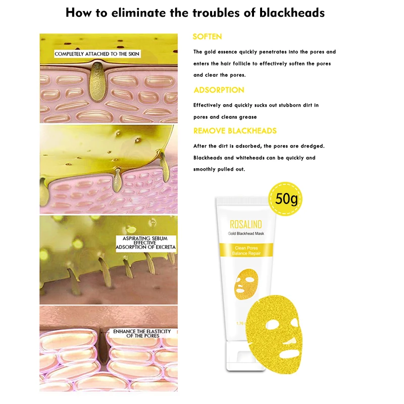 Маска ROSALIND для лица коллагеновая маска удаления черных точек с 24 каратным