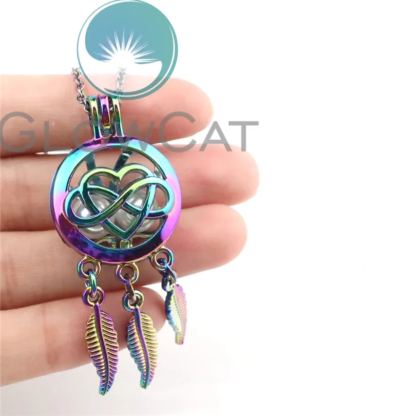 R-C791 Rainbow Color Heart Number 8 Dream Catcher Beads Cage Pendant Perfume Diffuser Aromatherapy Pearl Locket Necklace | Украшения и