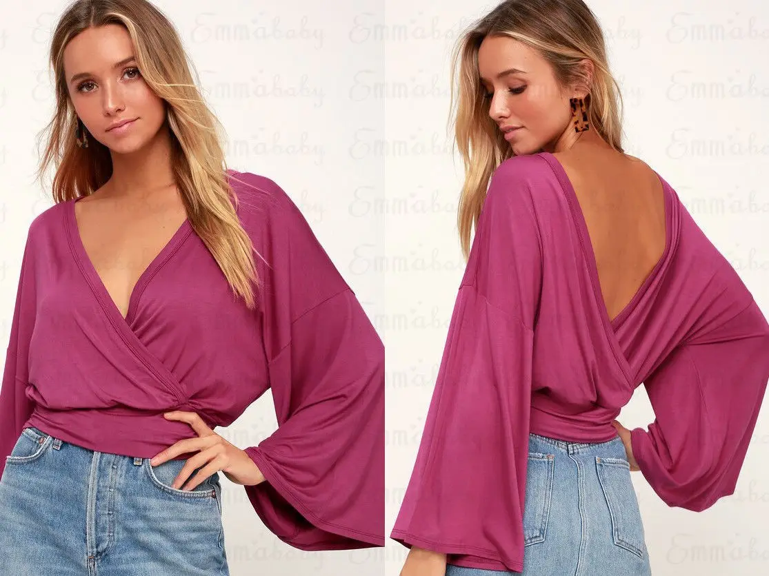 2018 Newest Women Deep V-Neck Cross Slim Crop Tops Long Sleeve T shirt Clubwear | Женская одежда