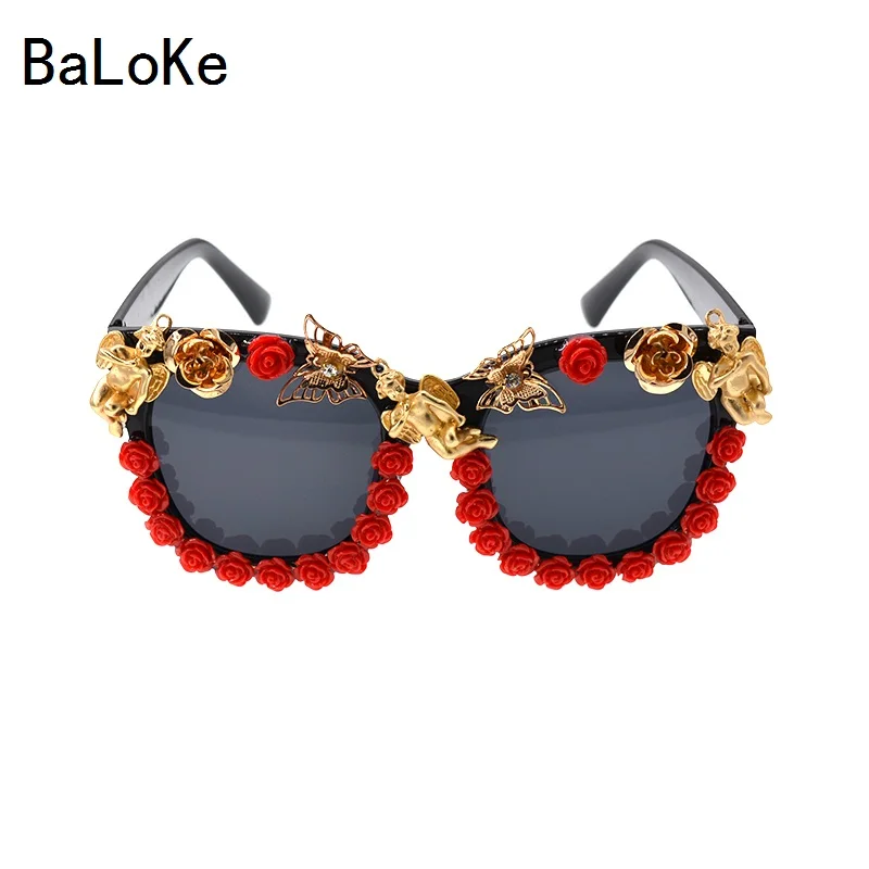 Gafas de sol de Ángel de diseñador de marca de alta calidad, gafas de sol clásicas de flor roja, barrocas, para mujer, para playa