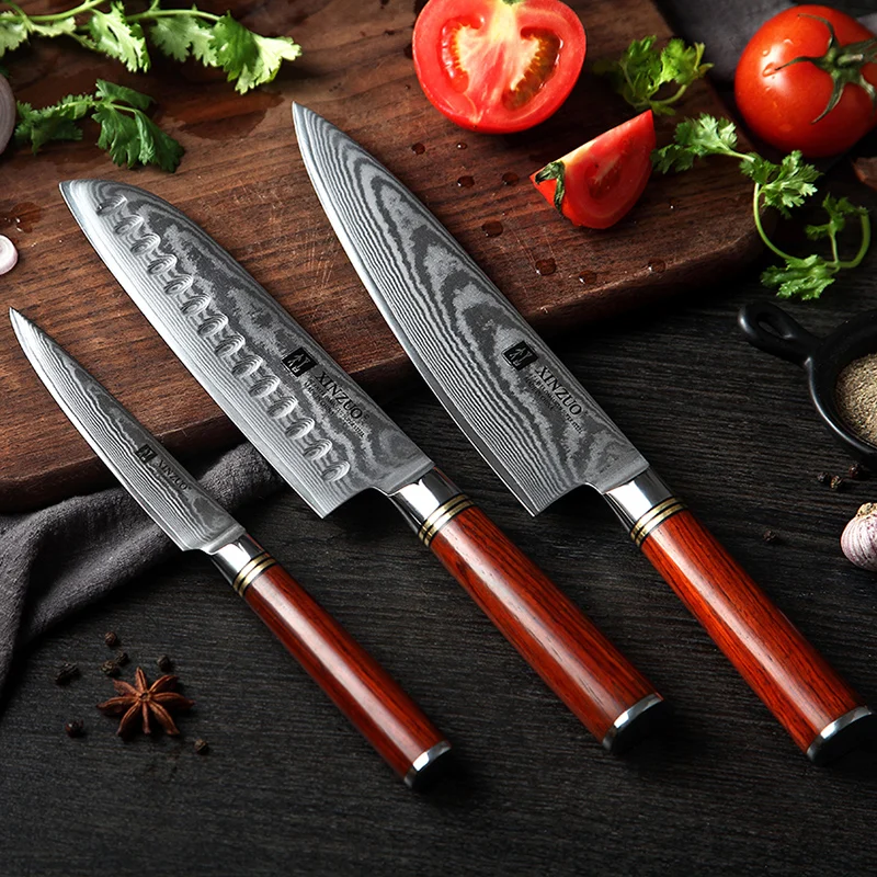 XINZUO 3 PCS Professional Kitchen Knife Set Japanese VG10 Damascus Steel Kitchen Cutlery Sharp Santoku Utility Chef's Knives