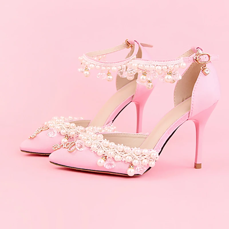 

9cm High Heels Wedding Shoes Women Pink Pumps Pearl Crystal Tassel Ankle Strap Bridal Stiletto Shoes Party Ladies Shoes Sandals