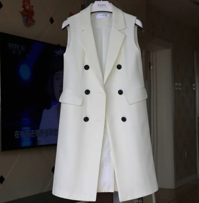 Однотонный длинный костюм жилет для женщин двубортный жакет с отложным