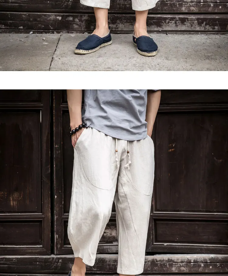 Man Linen Cropped Cross Pant Trouser Men Casual Wide-Legged Bloomers Summer Male Traditional Nepal Trousers