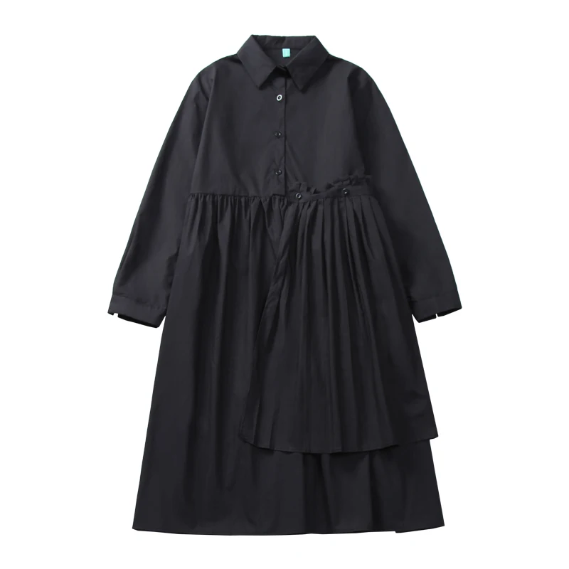 Женское платье рубашка с отложным воротником однотонное черное свободное в