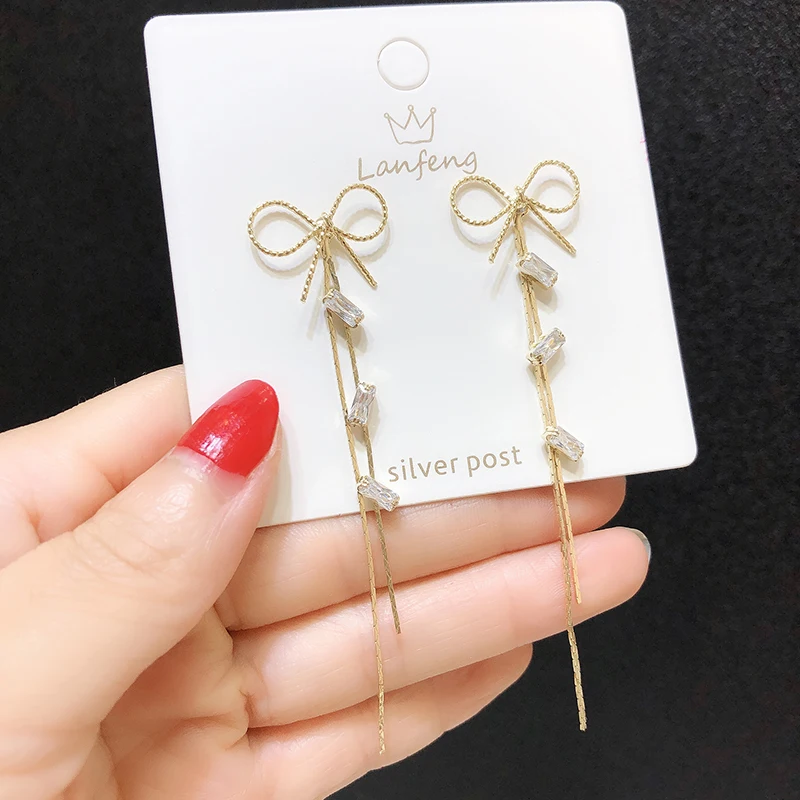 Корейские новые длинные серьги с кисточками и бантом темпераментные тонкие