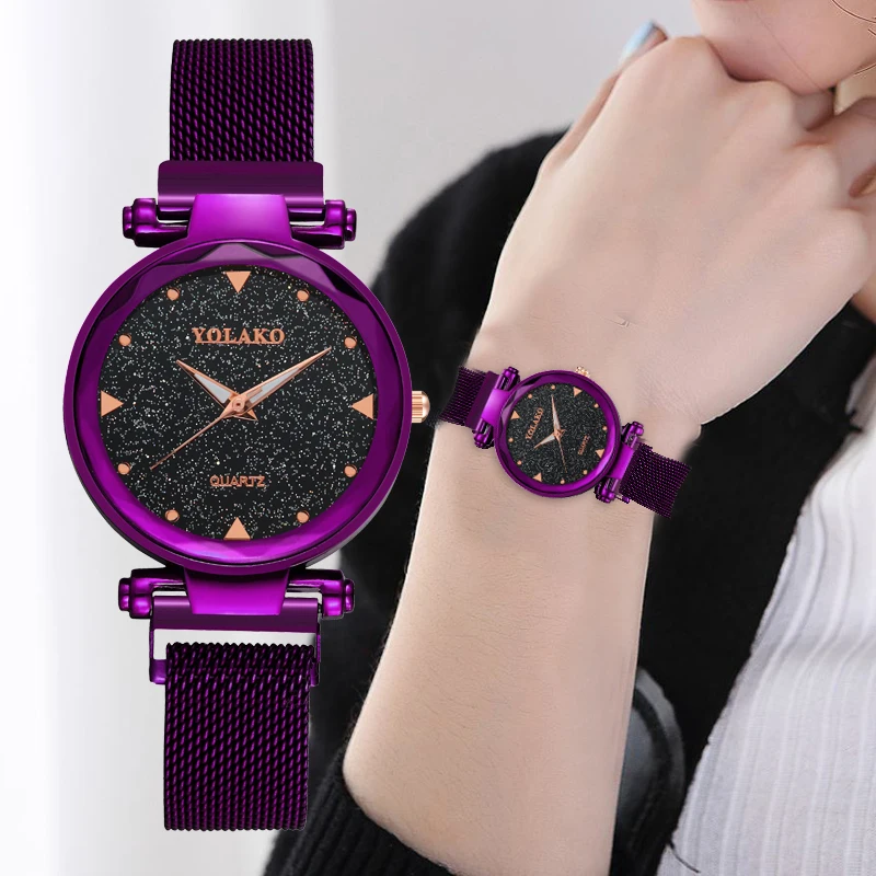 Звездное небо женские часы Роскошные Алмазные розовое золото магнитная сетка