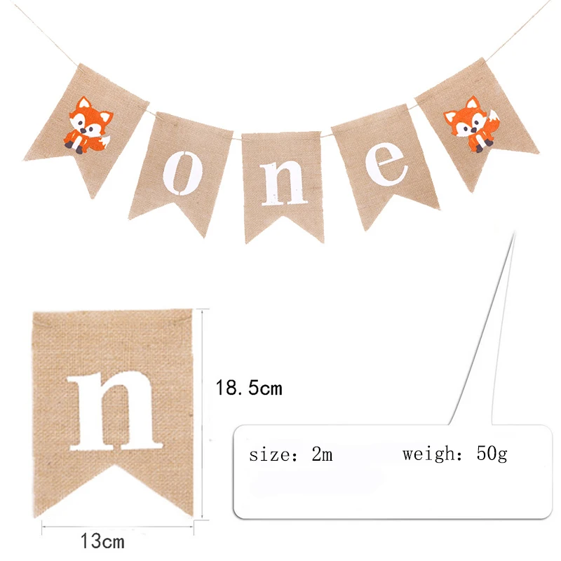 1pc/pack One year old cute fox raccoon birthday flag child party decoration linen swallowtail decor | Дом и сад