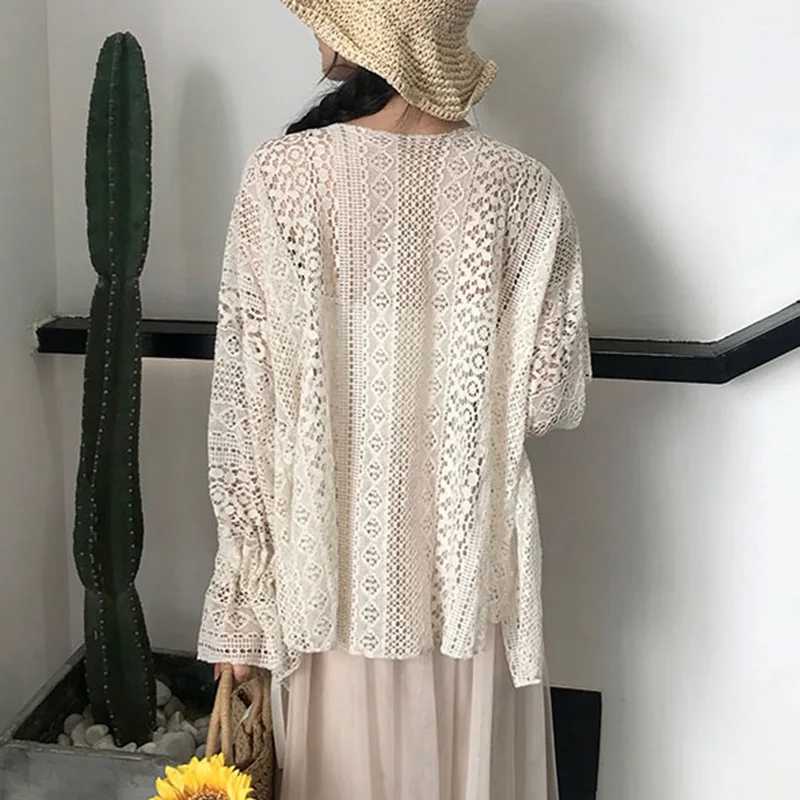 Summer Sexy Hollow Out Blouse Bikini Cover Up Batwing Sleeve Women Kimono Cardigan Female Sun Protection Lace Tops Blusas | Женская