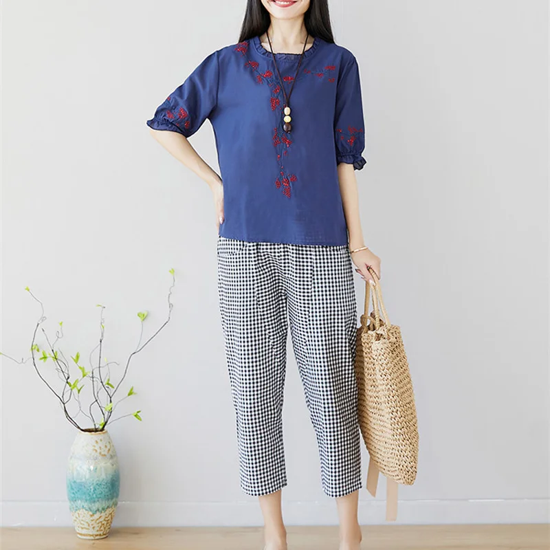 Saiqigui 2019 spring summer Women Sets Casual loose Cotton Linen two piece set T-shirt + Ankle-Length Pants conjuntos mujer | Женская