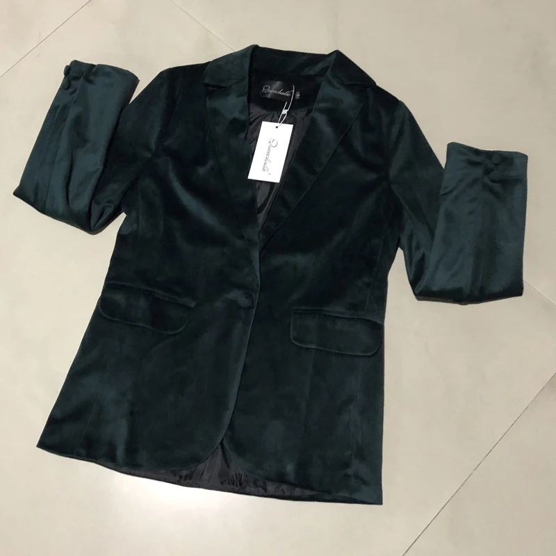 2021 Spring Autumn Dark Green Velour Blazer Coat Women Office Lady Notched Collar Long Sleeve Slim Suit Jacket Casual Outwear