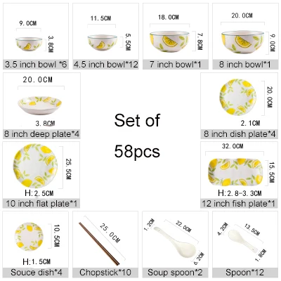 58pcs Новое поступление, креативные фарфоровые тарелки с лимонным рисунком, 18 шт., 28 шт., 58 шт., столовые миски, палочки для еды, тарелки, ложка, набор посуды - Цвет: 58pcs