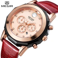 megir women fashion red quartz watch lady leather chronograph high quality casual waterproof wristwatch luxury gift for wife