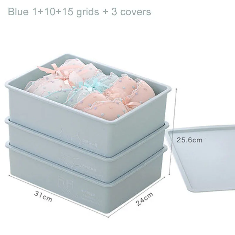 Blue 3pcs Коробка для хранения нижнего белья с крышкой 10/15 сетки для домашнего гардероба ящик шкафа Органайзер чехол для носков трусики бюстгалтеры - Цвет: Blue 3pcs