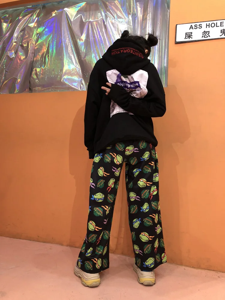 Woherb Japanese Style Wide Leg Pants Women Funny Cartoon Print Harajuku Elastic High Waist Trousers Modis Streetwear 22787