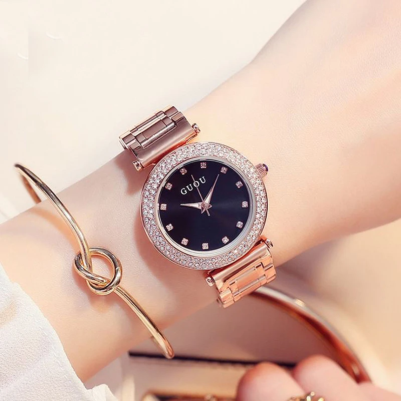 GUOU модные женские часы для женщин с блестящими бриллиантами Reloj Mujer роскошный браслет из розового золота женские часы