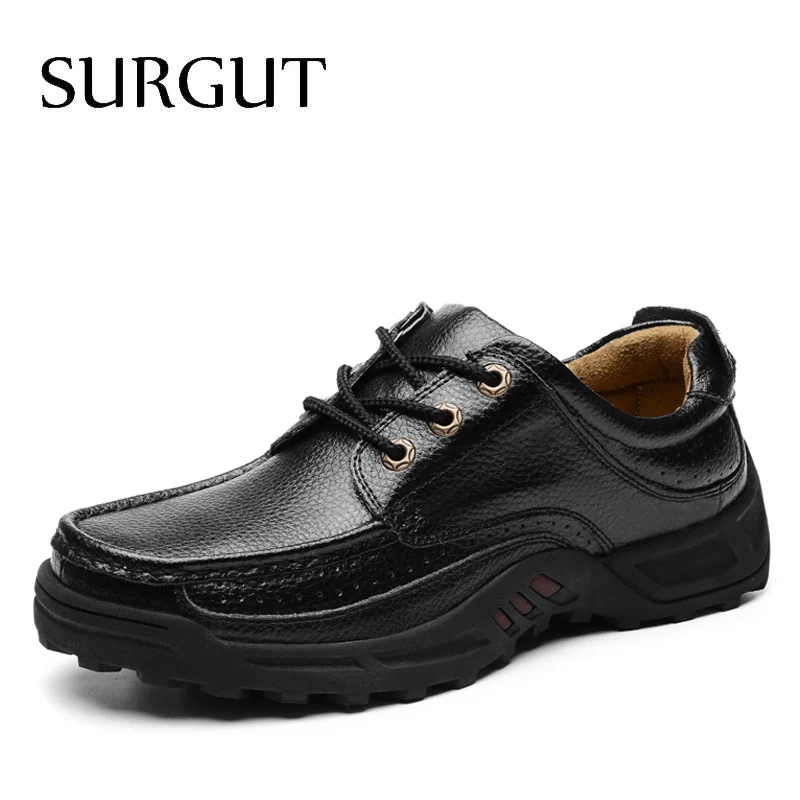 Black Lace Up Мужские парадные мокасины без застежки SURGUT, коричневые деловые туфли из натуральной кожи, повседневная обувь на плоской подошве 38-48 размеров для весны и осени - Цвет: Black Lace Up