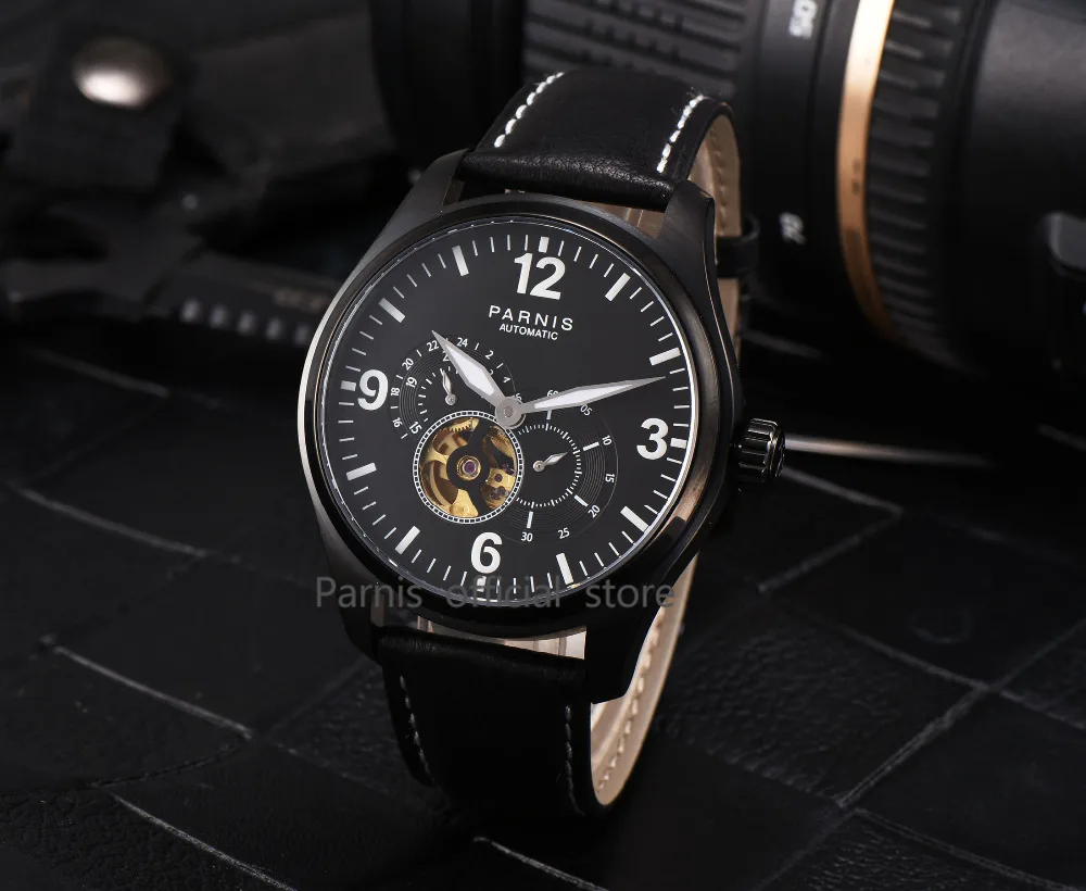 

2017 Newly Issue Parnis Watches Men Skeletons Luminous Leather 12/24 Hours Mechanical Mens Skeleton Watch Automatic Wristwatch