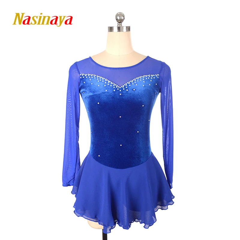 Nasinaya Figure Skating Dress Customized Competition Ice Skating Skirt for Girl Women Kids Gymnastics Blue Velvet