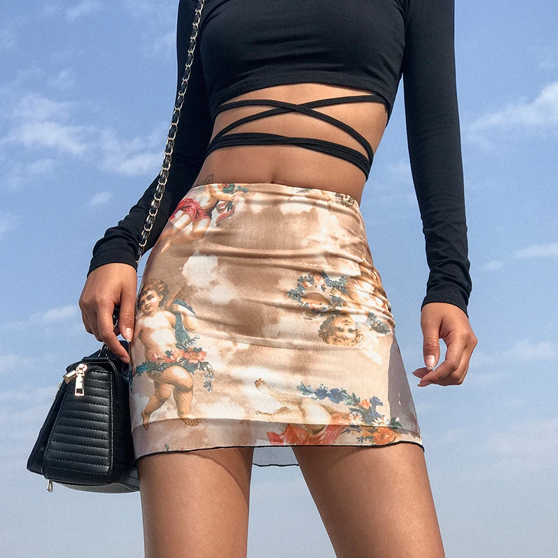 HEYounGIRL мини-юбка с принтом ангела и высокой талией, повседневные женские юбки футляр в стиле Харадзюку, черная короткая юбка в Корейском стиле, летняя уличная одежда