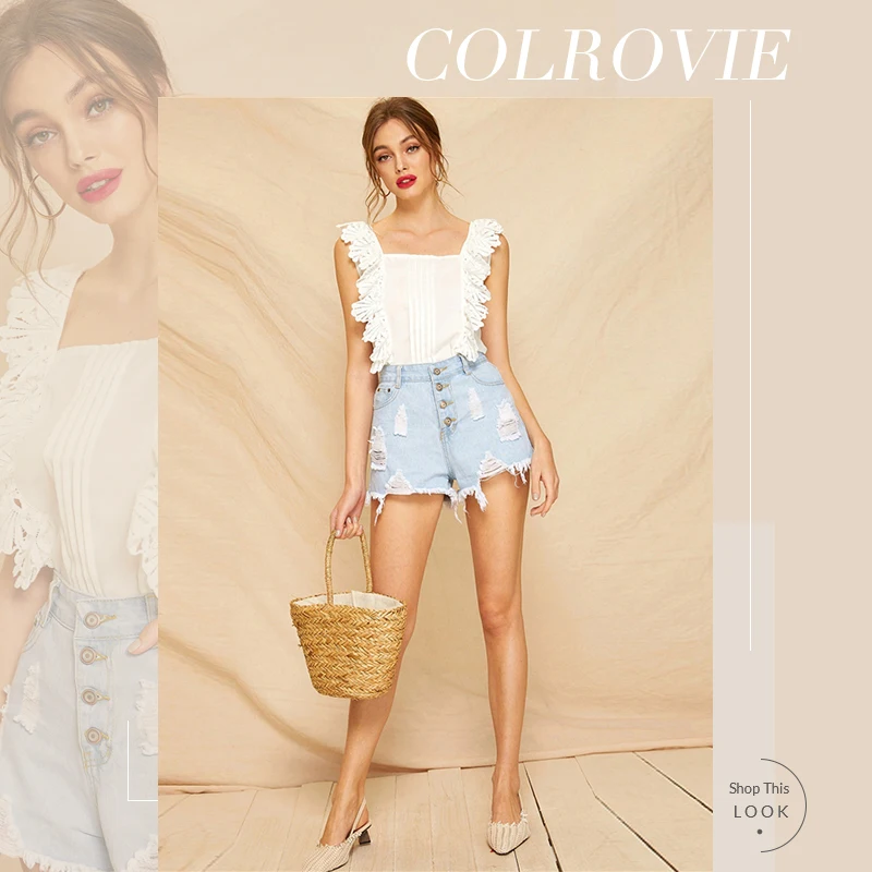 COLROVIE белый квадратный вырез Кружевная панель плиссированный корейский Boho Топ Женская блузка рубашка Лето Без Рукавов офисные рубашки блузки