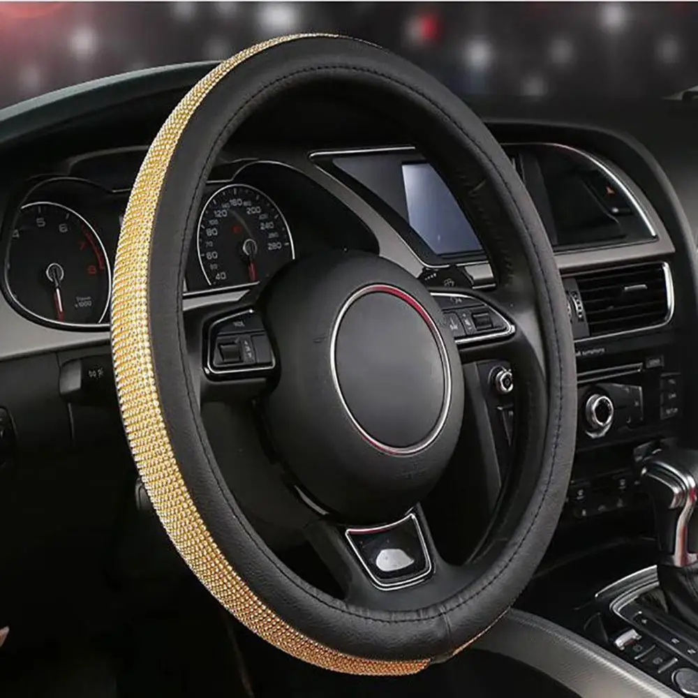 Gold Кожаный Автомобильный чехол на руль с кристаллами, стразы для женщин и девочек, аксессуары для интерьера, черный/бежевый, 15 дюймов, 38 см - Название цвета: Gold