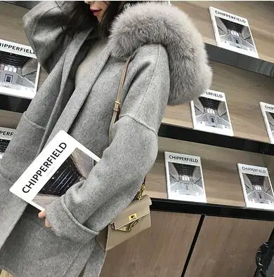 Серый Новое поступление,, кашемировое пальто с капюшоном из натурального меха размера плюс, шерстяное пальто для женщин с поясом - Цвет: Серый
