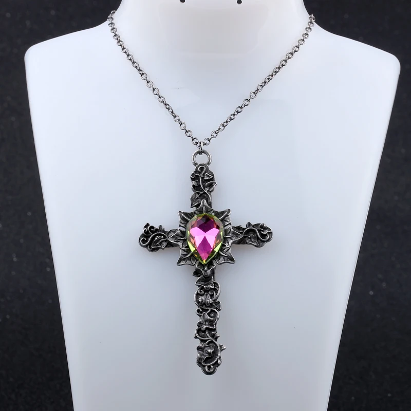 Rock Vintage Punk Jewelry Carving Cross Necklace With A Beautiful Crystal Zinc Alloy Chain Necklaces Women and Men Party Gift | Украшения и