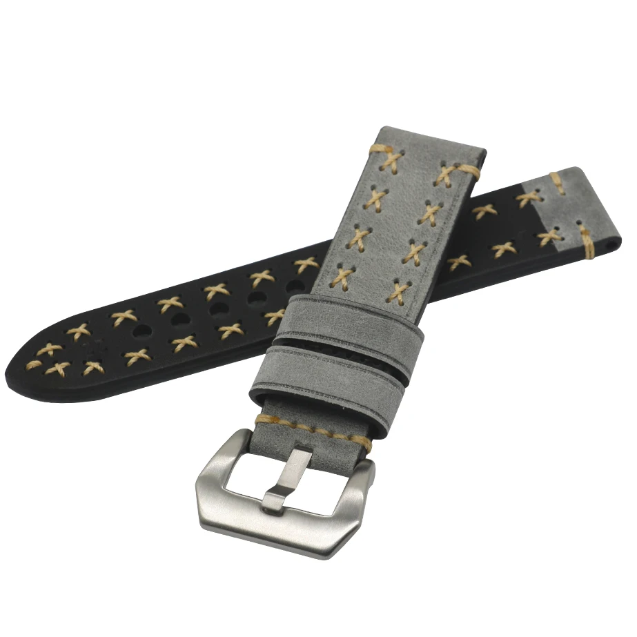 ZLIMSN High Quality Thick Genuine Leather Watchbands 20 22 24 26mm Brown Watch Strap 316L Brushed Silvery Stainless Steel Buckle