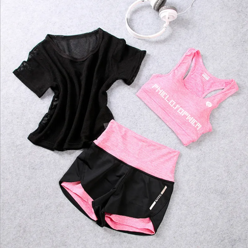 Hirsionsan Tracksuit Women 2018 Three Piece Set Fitness Workout Corp Top + Shorts T Shirt Sporting Suit Casual Sportswear | Женская