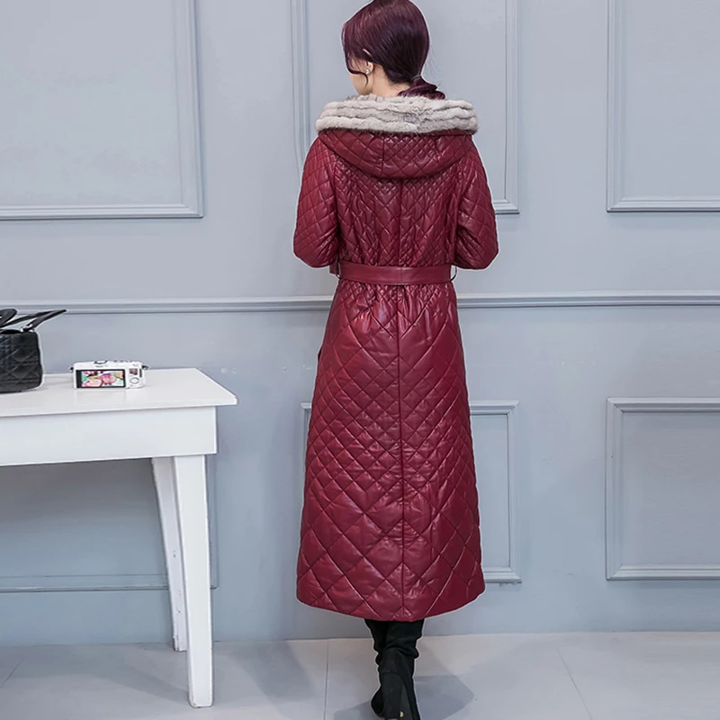 Новинка 2020 зимняя кожаная куртка Женская длинная теплая парка с капюшоном тонкая