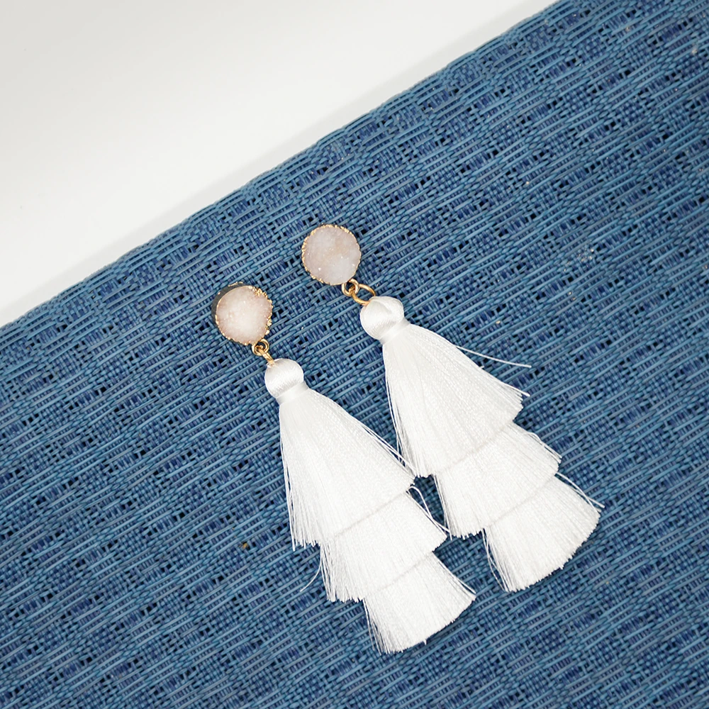 Богемные этнические сережки с кисточками Boho длинные многослойные шелковые