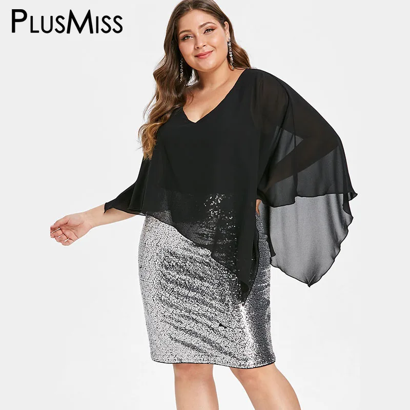 PlusMiss плюс Размеры шифон Mesh Overlay блесток Элегантный Вечеринка платья женские