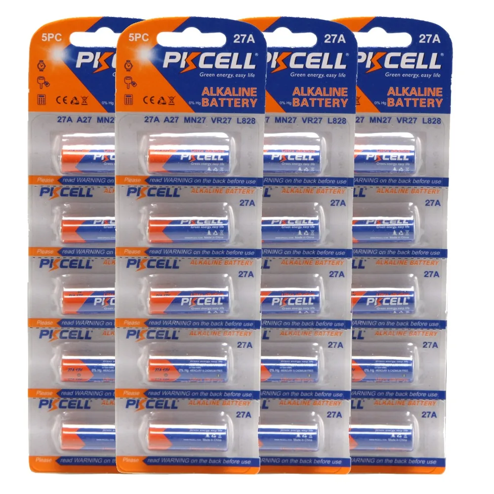 Pkcell 20 шт. 27A/MN27/GP27A/L828/A27 12 В щелочные батареи для дистанционного управления дверным